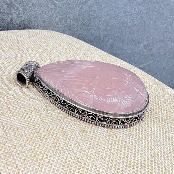 Vitnage Large Teardrop Carved Rose Quartz Sterling Silver Pendant Over 3 Inch - Picture 2 of 11